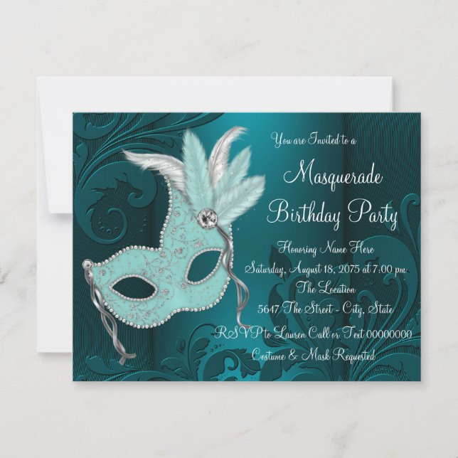 Invitation Fête de mascarade bleu Turquoise foncé (Devant)