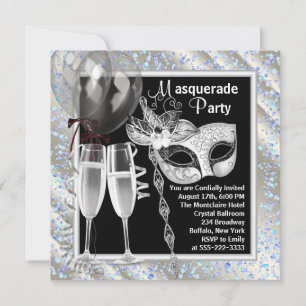 Invitation Fête de Mascarade Champagne Confetti Noir et Bleu