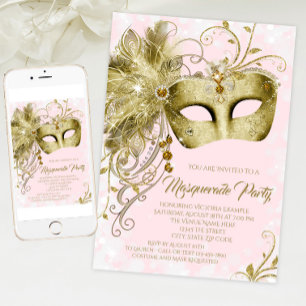 Invitation Fête de Mascarade Élégante Rose Or Pailleté