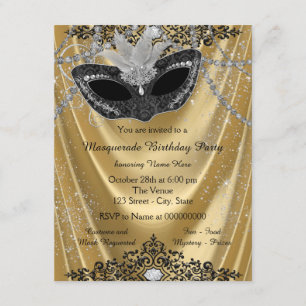Invitation Fête de mascarade en noir et or