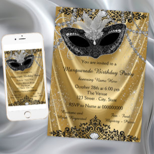 Invitation Fête de mascarade en noir et or