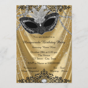 Invitation Fête de Mascarade Noir et Or Élégante