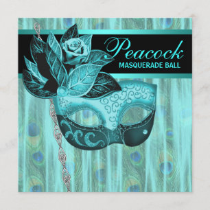 Invitation Fête de Mascarade Paon Bleu Turquoise