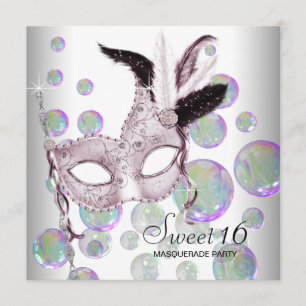 Invitation Fête de mascarade Sweet Sixteen Bulles Roses Blanc