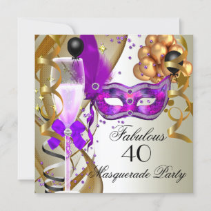 Invitation Fête de Mascarade Violette Dorée Crème et Noire Fa