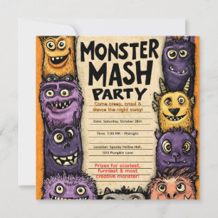Invitation "Fête de mash monstrueux" avec des monstres mignon