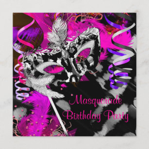Invitation Fête de masque d'anniversaire Ball Noir Argent Ros