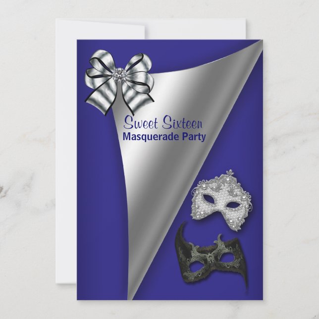 Invitation Fête de masque des seize ans bleu royal argentée (Devant)