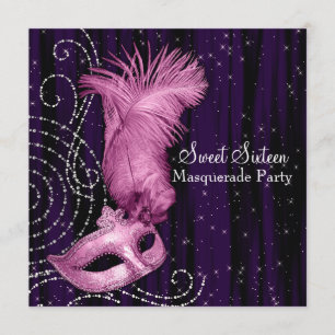 Invitation Fête de masque noir violet rose Sweet 16
