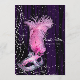 Invitation Fête de masque noir violet rose Sweet 16