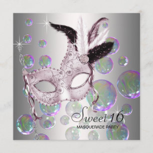 Invitation Fête de masque Sweet Sixteen Bulles Rose Argent