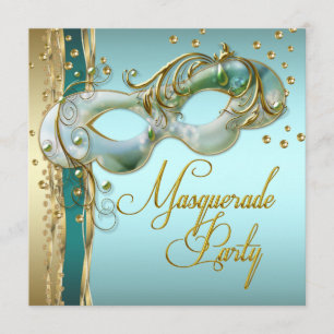 Invitation Fête de masquerade bleue turquoise or
