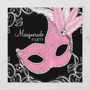 Invitation Fête de masquerade élégante noire et rose