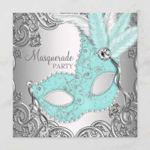 Invitation Fête de masquerade élégante sarcelle bleue argenté