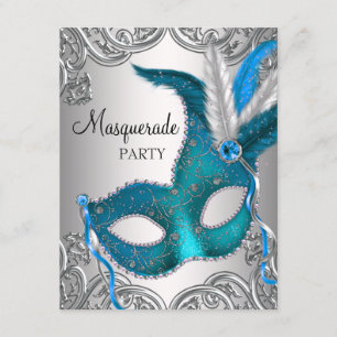 Invitation Fête de masquerade élégante sarcelle bleue argenté