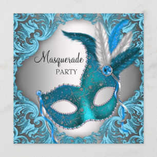 Invitation Fête de masquerade élégante sarcelle bleue argenté