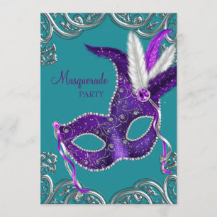 Invitation Fête de masquerade élégante violette et turquoise