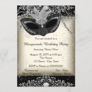 Invitation Fête de masquerade en ivoire et perle noire paille