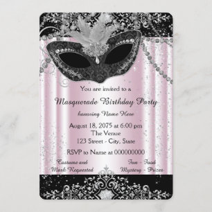 Invitation Fête de masquerade paillettes rose et noir