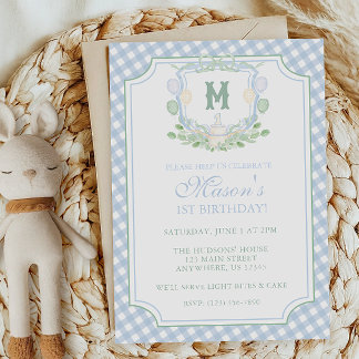 Invitation Fête de monogramme de crête de bleu d'aquarelle 1e