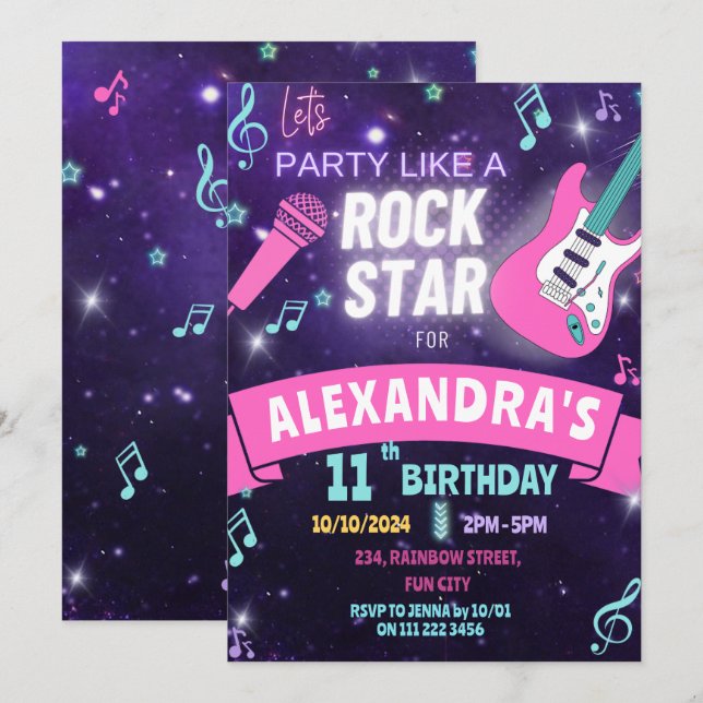 Invitation Fête De Musique Comme Une Fille Rock Star Annivers (Devant / Derrière)