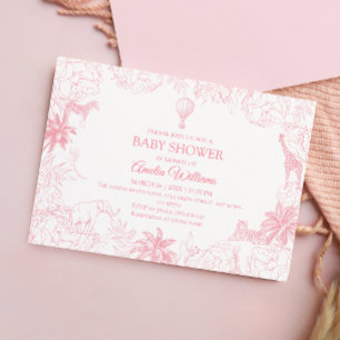 Invitation Fête de Naissance Animaux de Safari Jungle Rose Pâ
