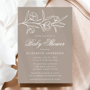 Invitation Fête de naissance aux fleurs esquissées taupe