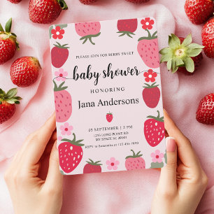 Invitation Fête de Naissance Bébé aux Fraises Roses et Rouges