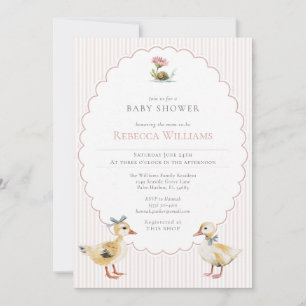 Invitation Fête de naissance Bébé Canard aux rayures roses Bo