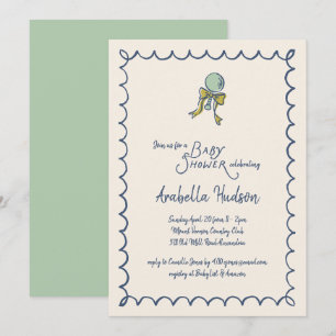 Invitation Fête de Naissance Bébé et Menthe Navy avec hochet