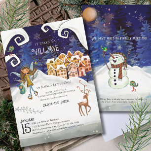 Invitation Fête de Naissance Bébé Fée de l'Hiver dans un Vill