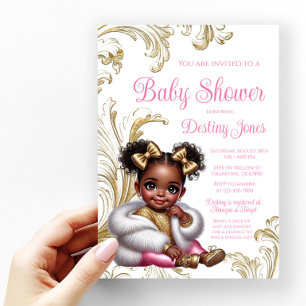 Invitation Fête de naissance bébé fille Afro glamour Rose Or
