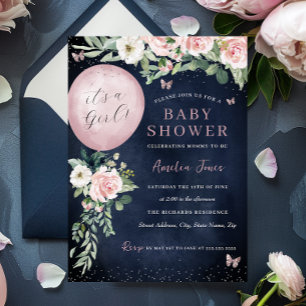 Invitation Fête de naissance Bébé Fille Ballon Rose Navy