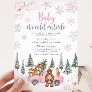Invitation Fête de naissance Bébé Fille Bois hivernal Rose