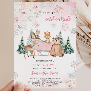 Invitation Fête de naissance Bébé fille Bois hivernal Rose
