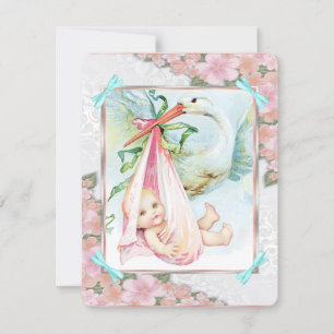 Invitation Fête de naissance Bébé Fille Cigogne Rose et Bleu
