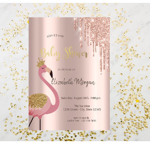 Invitation Fête de Naissance Bébé Flamant Rose Glitter Rose G