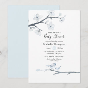 Invitation Fête de naissance bébé Fleurs d'Oiseaux Cerisier e