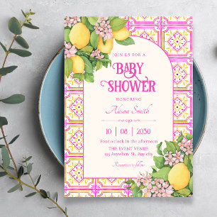 Invitation Fête de naissance bébé florale carrelage artistiqu