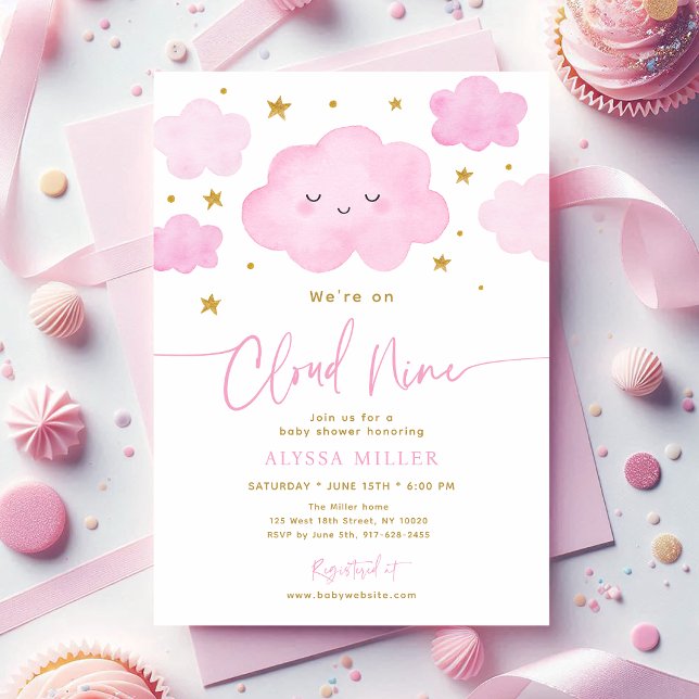 Invitation Fête de naissance bébé Nuage Neuf Rose Rêveur (Créateur téléchargé)