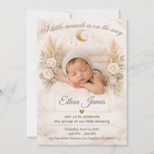 Invitation Fête de Naissance Bohème Florale Lune Bébé Neutre