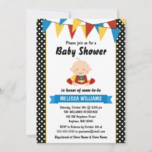 Invitation Fête de naissance Bunting à pois Super-héros Bébé
