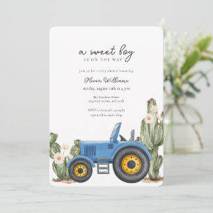 Invitation Fête de naissance Cactus Tracteur Bleu Désert