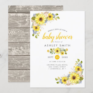 Invitation Fête de naissance champêtre rustique tournesol aqu