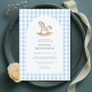 Invitation Fête de Naissance Cheval à Bascule Gingham Bleu