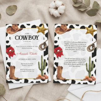 Invitation Fête de naissance de bébé cow-boy en noir et blanc