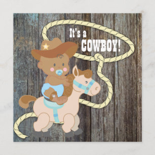 Invitation Fête de naissance de bébé cowboy en bois de grange