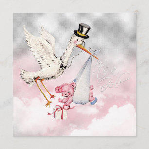 Invitation Fête de naissance de bébé fille Rose Stork