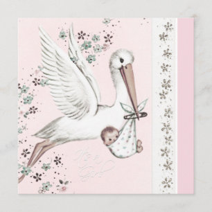 Invitation Fête de naissance de bébé fille Rose Stork