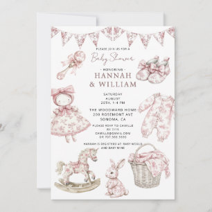 Invitation Fête de naissance de bébé fille thème toile vintag